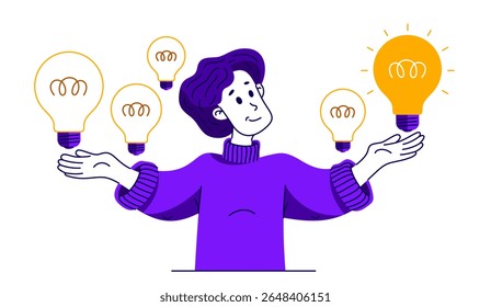 Menino tendo um monte de ideias e escolhendo melhor um para resolver algum problema, ilustração vetorial de uma pessoa jovem que está escolhendo entre diferentes ideias que se está trabalhando.