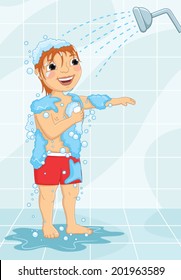 Young Boy Having Shower Vector Illustration