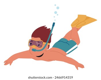 Young Boy Having A Thrilling Underwater Adventure, Gliding Through The Water With Snorkeling Gear. His Face Shows Excitement, Visible Through The Clear Mask, As He Explores The Aquatic Life, Vector