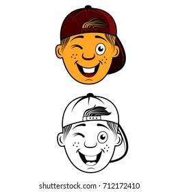 Young boy head with cape for logo. Vector human head. Outline version. Front view. 
