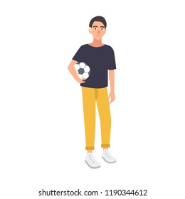 Young boy with hearing impairment holding soccer ball isolated on white background. Deaf footballer or teenage football player with deafness. Colorful vector illustration in flat cartoon style.