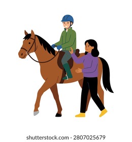 Young boy in a helmet riding a brown horse with a female instructor. A flat style illustration of a boy wearing a helmet while riding a horse guided by a woman. Set on white background. Ideal for riding school brochures or educational children's content.