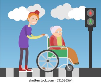 Young boy helps old woman in wheelchair to cross the road. Flat illustration about kindness, people and support. Sky layer contains gradient. 