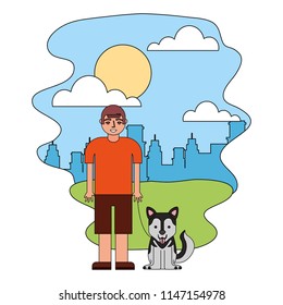 young boy with her siberian husky dog in the park city