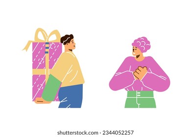 Young boy hiding behind back huge gift box flat style, vector illustration isolated on white background. Surprised woman, decorative design element, giving holiday present