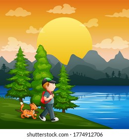 A young boy and his pet at riverside