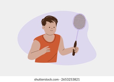 Young Boy Holding Badminton Racket Ready for Training Vector