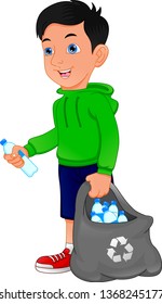 young boy holding bag of plastic bottles, garbage recycling