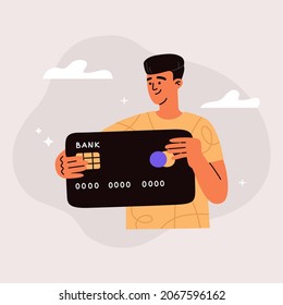 Young Boy Holding A Big Credit Card. Concept Of Secure Electronic Payment, Transfer Money, Virtual Banking Service, Cashless Finance For Business. Hand Drawn Vector Illustration. Flat Cartoon Style.
