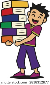 Young boy holding lot of books. Represents education, learning, knowledge, and study.