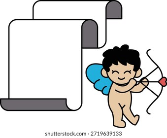 Un niño sostiene un arco y una flecha y está parado frente a un pedazo de papel en blanco