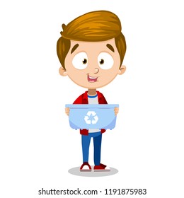 Young boy holding container for recycling trash. Waste recycling for reuse. Children cleaning environment from trash. Early ecology children education. Collect and assorted garbage vector illustration