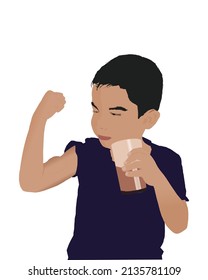 Young boy holding glass with chocolate milk and post bicep curl, healthy and strong concept illustration vector