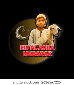 A young boy holding a goat with Islamic crescent moon and Eid Al-Adha Mubarak greeting, showcasing the celebration of this special Islamic festival and the tradition of sacrifice.