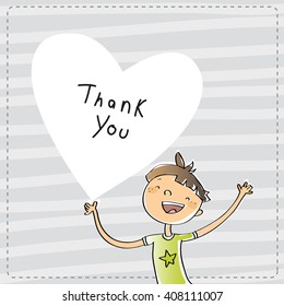 Young boy holding a heart shaped thank you sign. Cartoon thank you card illustration.