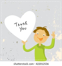 Young boy holding a heart shaped thank you sign. Cartoon thank you card illustration.