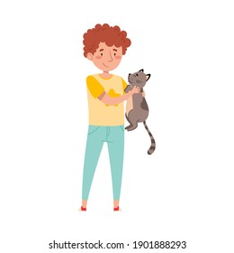 Young Boy Holding His Cat Pet and Stroking It Vector Illustration