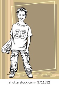Young boy holding his skateboard