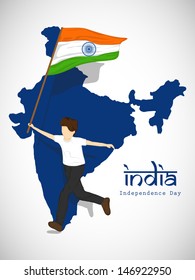 Young boy holding Indian National Flag infront of Republic of India map on abstract grey background.