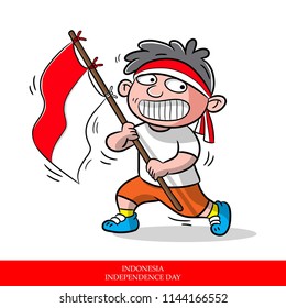 A young boy holding an Indonesian flag on independence day in cartoon style
