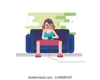 Young Boy Holding Joystick and Playing Games. Vector Illustration