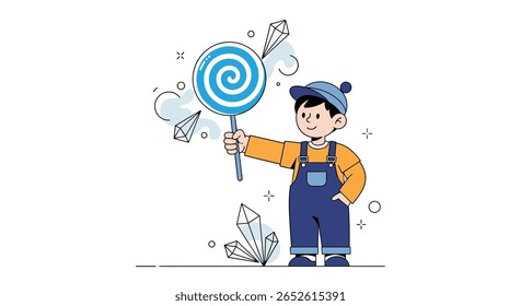 A young boy holding a large blue lollipop in his right hand with a big smile on his face wearing a blue cap and overall