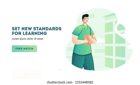 Young boy holding open book on abstract background for Learning concept based landing page design.
