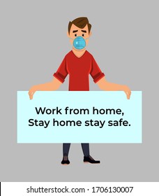 Junge Junge, der Plakat hält und die Leute bittet, das Corona-Virus und das Covid-19-Virus zu vermeiden, indem sie zu Hause bleiben. Flaches Zeichendesign für Ihr Design, Ihre Bewegung oder Ihre Animation.