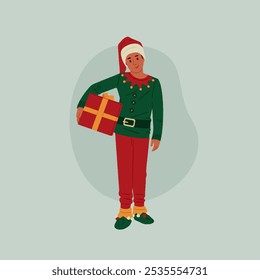 A young boy is holding presents in a box. This is a colorful vector illustration in a modern flat style for a New Year or Christmas invitation card design
