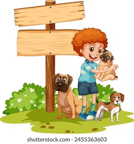 Young boy holding a puppy by a signpost.