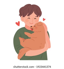 A young boy holding a puppy and making a happy expression. Pets and owners vector illustrations.