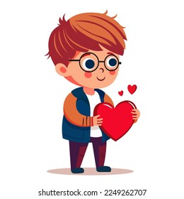 Young Boy Holding Red Heart On White Background. Happy Valentines Day Concept.