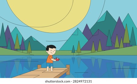Young boy holding a small red toy boat while standing on a wooden pier next to a calm lake in front of mountains.