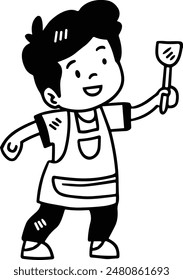 A young boy is holding a spoon and smiling. He is wearing an apron and he is in a kitchen