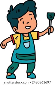 A young boy is holding a spoon and smiling. He is wearing an apron and he is in a kitchen