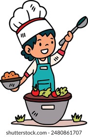 A young boy is holding a spoon and smiling. He is wearing an apron and he is in a kitchen