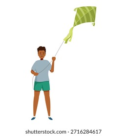 Young boy is holding the string of a flying kite, enjoying a fun outdoor activity