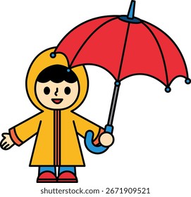 Un niño sostiene un paraguas mientras usa un impermeable