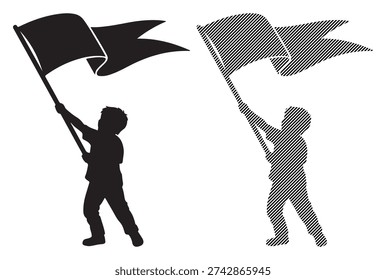 Young boy holding waving flag. Vector silhouette and striped design. Patriotism, victory.