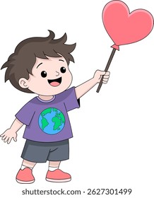 A young boy holds a heart shaped balloon with a peace symbol, conveying a powerful message of stopping war and promoting world peace