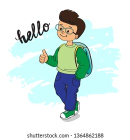 young boy holds his thumb up and the inscription hello on a white background