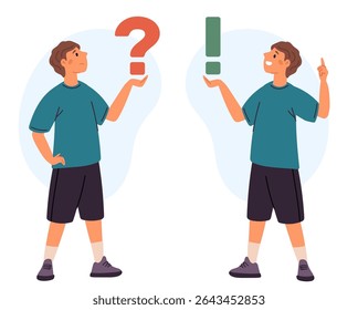 Garoto tem ponto de interrogação e ponto de exclamação na mão. Símbolos de pontuação Pergunte e responda. Cara animado ou confuso. Ícone de pessoa com atenção. Sinais de diálogo. Emoção surpresa. Conceito de vetor