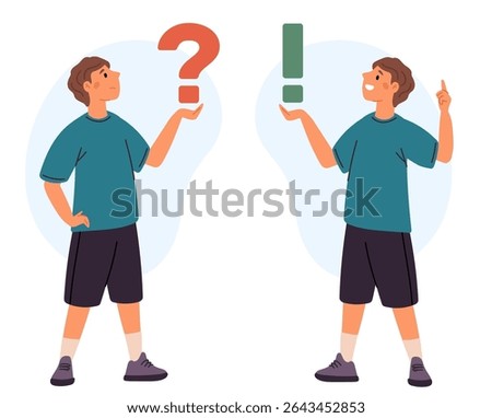 Young boy holds question mark and exclamation point on hand. Punctuation symbols. Ask and answer. Excited or confused guy. Person with attention icon. Dialog signs. Surprise emotion. Vector concept