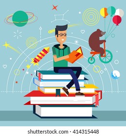 Young boy holds and read book, sitting on stack of big books. Imagination concept with opened book and planets, stars, space, slapstick, bear on bike with balloons. Fairy, magical adventure book.