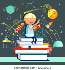 Young boy holds and read book, sitting on stack of big books. Imagination concept with opened book and planets, stars, space, slapstick, bear on bike with balloons. Fairy, magical adventure book.