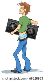 Young boy with huge ghetto blaster. Wearing a t-shirt and jeans.