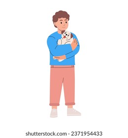 Young boy hugging dog pet. Child embracing domestic animal. Good friend. Friendship between child and pet. Cute chubby pug. Vector illustration.