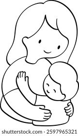 young boy hugging his mother line mother day doodle illustration