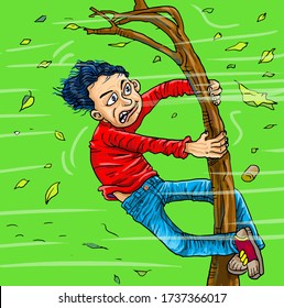 Young boy Hugging On To Tree because of the heavy winds