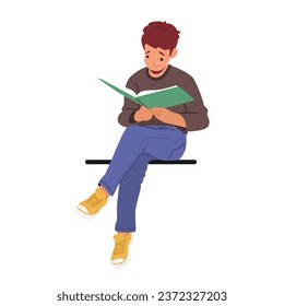 Young Boy, Immersed In A Book, Sits Peacefully On A Parapet, Lost In The World Of Words, His Imagination Soaring Beyond The Pages. Kid Character Learning or Relax. Cartoon People Vector Illustration